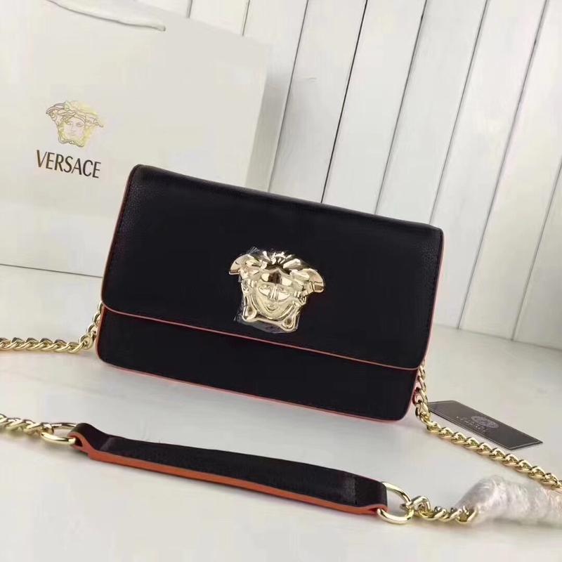 Versace Chain Handbags DGB7203 Plain Black Gold Buckle